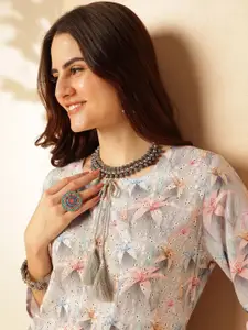Anouk Grey Floral Printed Chikankari Pure Cotton Straight Kurta