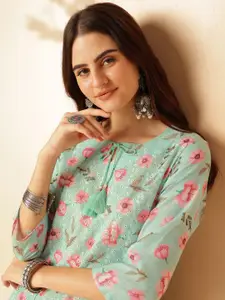 Anouk Sea Green Floral Printed Tie-Up Neck Thread Work Pure Cotton Straight Kurta