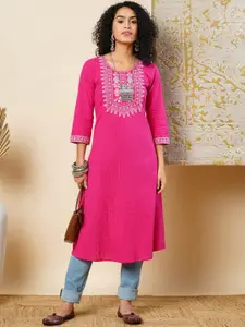 Globus Pink & White Floral Yoke Design Thread Work Straight Kurta