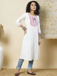 Globus White Ethnic Motifs Self Design Round Neck Pure Cotton A-Line Kurta