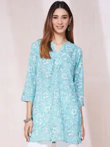 Fabindia Floral Printed Mandarin Collar Cotton A-Line Short Kurta