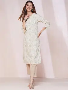 Fabindia Floral Printed Keyhole Neck Knee Length Straight Kurta