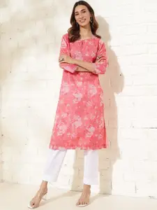 Fabindia Floral Printed Keyhole Neck Cotton Silk Straight Kurta
