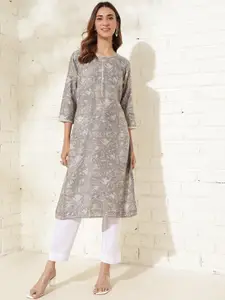 Fabindia Floral Printed Keyhole Neck Straight Kurta
