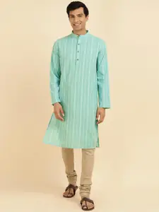 Fabindia Striped Band Collar Straight Cotton Kurta