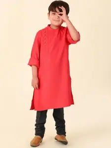 Fabindia Boys Geometric Woven Design Mandarin Collar Roll-Up Sleeves Straight Kurta