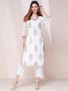 Fabindia Floral Printed V-Neck Knee Length Cotton Silk Straight Kurta