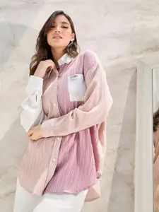 Styli Women Colourblocked Drop Shoulder Textured Oversized Fit Casual Shirt