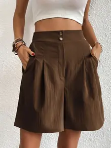 KPOP Brown Solid High-Rise Regular Fit Shorts