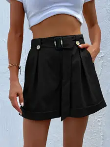 KPOP Black Solid Regular Fit High-Rise Shorts