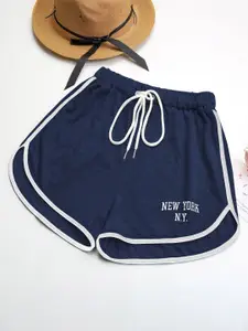 KPOP Navy Blue & White Regular Fit High-Rise Sports Shorts