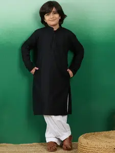 Sangria Boys Black Geometric Embroidered Mandarin Collar Chikankari Cotton Straight Kurta