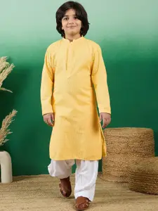 Sangria Boys Yellow Geometric Embroidered Mandarin Collar Chikankari Cotton Straight Kurta