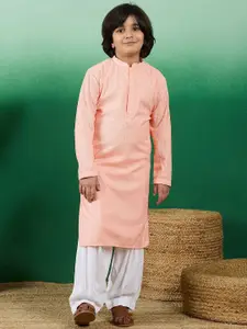 Sangria Boys Pink Geometric Embroidered Mandarin Collar Chikankari Cotton Straight Kurta