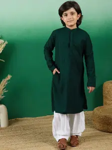 Sangria Boys Green Geometric Embroidered Mandarin Collar Chikankari Cotton Straight Kurta