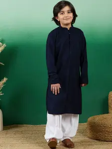 Sangria Boys Blue Geometric Embroidered Mandarin Collar Chikankari Cotton Straight Kurta