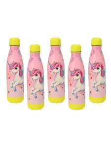 Kuber Industries Pink 5 Pieces Printed Stainless Steel Water Bottle 2 Lids & Straw 500ml