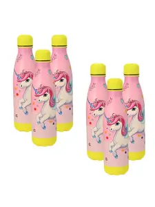 Kuber Industries Pink 6 Pieces Printed Stainless Steel Water Bottles 2 Lids & Straw
