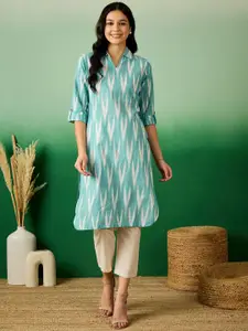 Sangria Blue Ikkat Printed Roll-Up Sleeves Shirt Collar Pure Cotton Straight Kurtas