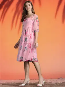 DressBerry Floral Print Puff Sleeve A-Line Dress