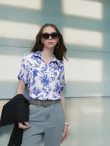 French Connection Floral Printed Satin Finish Oversized Casual Shirt