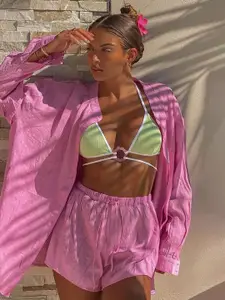 LULU & SKY Self Design Mandarin Collar Cuffed Sleeves Shirt & Shorts