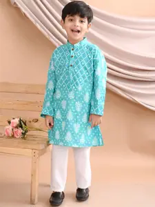Sangria Boys Blue Floral Printed Pure Cotton Straight Kurta With Pyjama