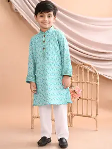Sangria Boys Blue Floral Printed Pure Cotton Straight Kurta With Pyjama