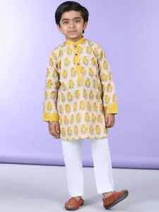 Sangria Boys Yellow Floral Printed Pure Cotton Straight Kurta With Pyjama