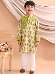 Sangria Boys Green Floral Printed Pure Cotton Straight Kurta With Pyjama