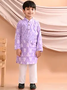 Sangria Boys Purple Floral Printed Pure Cotton Straight Kurta With Pyjama