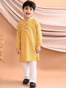 Sangria Boys Yellow Floral Printed Pure Cotton Straight Kurta With Pyjama