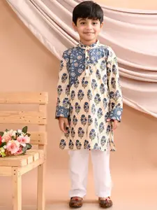 Sangria Boys Blue Floral Printed Pure Cotton Straight Kurta With Pyjama