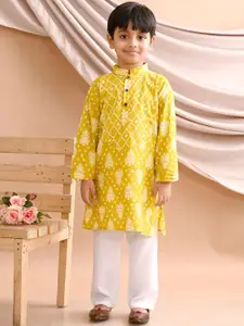 Sangria Boys Yellow Floral Printed Pure Cotton Straight Kurta With Pyjama
