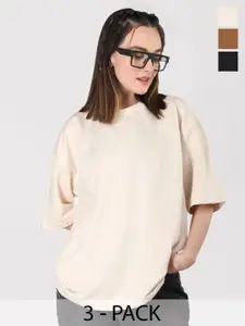 CHKOKKO Women Pack Of 3 Solid Drop-Shoulder Sleeves Oversized T-shirt
