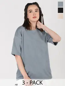 CHKOKKO Women Pack Of 3 Solid Drop-Shoulder Sleeves Oversized T-shirt