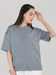 CHKOKKO Women Solid Drop-Shoulder Sleeves Oversized T-shirt