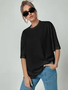 CHKOKKO Women Solid Drop-Shoulder Sleeves Oversized T-shirt