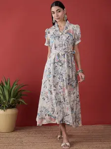 Anouk Off White Floral Printed Puff Sleeves Belted A-Line Midi Dress