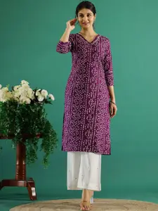 Sangria Purple & White Bandhani Printed V-Neck Cotton Straight Kurtas