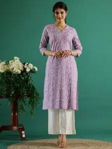 Sangria Lavender  & White Bandhani Printed V-Neck Cotton Straight Kurtas