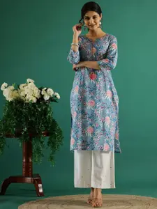 Sangria Green Floral Printed V-Neck Cotton A-Line Kurta