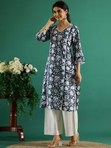 Sangria Navy Blue & White Floral Printed V-Neck Cotton A-Line Kurtas