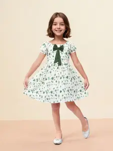 Toonyport Girls Printed Round Neck Bow Detailed Fit & Flare Dress