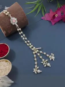 I Jewels Kundan Studded And Pearls Beaded Floral Wraparound Bracelet Rakhi