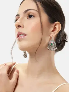 ABDESIGNS Classic Silver-Plated Artificial Stones & Beads Studded Drop Earrings