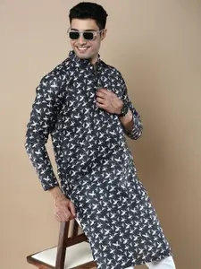 Anouk Navy Blue Geometric Printed Mandarin Collar Straight Kurta