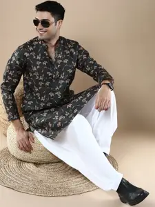 Anouk Beige Floral Printed Mandarin Collar Straight Kurta