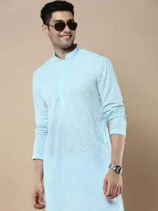 Anouk Blue Ethnic Motifs Embroidered Mandarin Collar Chikankari Straight Kurta