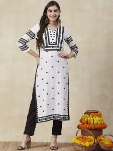 Anni Designer Ethnic Motifs Embroidered Notch Neck Chikankari Straight Kurta